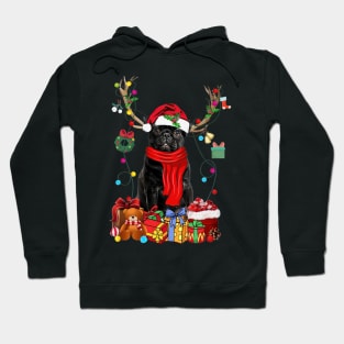 Black Pug Reindeer Xmas Lights Merry Christmas Hoodie